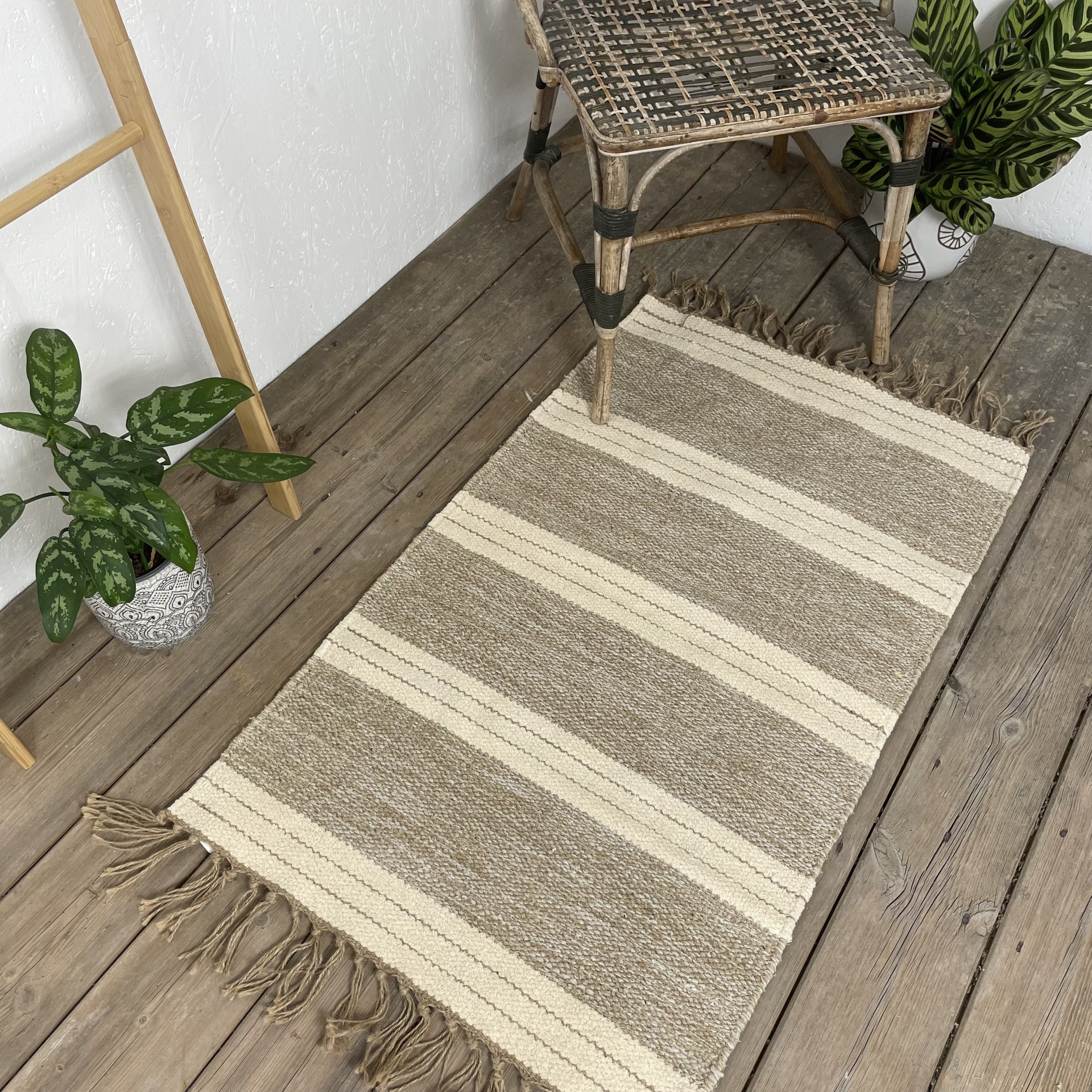 Cotton Jute Brown Tone Rug Cream Stripe 5 Sizes Fair Trade